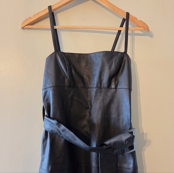Free People Pleated Vegan Leather Boho Mini Buckle Moto Biker Black Dress Size 0 - Picture 6 of 13